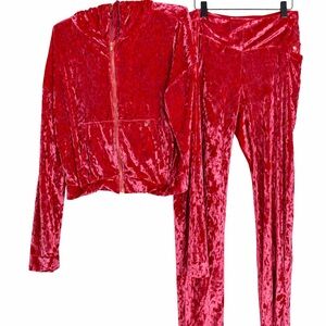 Fabletics Crushed Velvet Zip Hoodie and Leggings Set Red | Size L